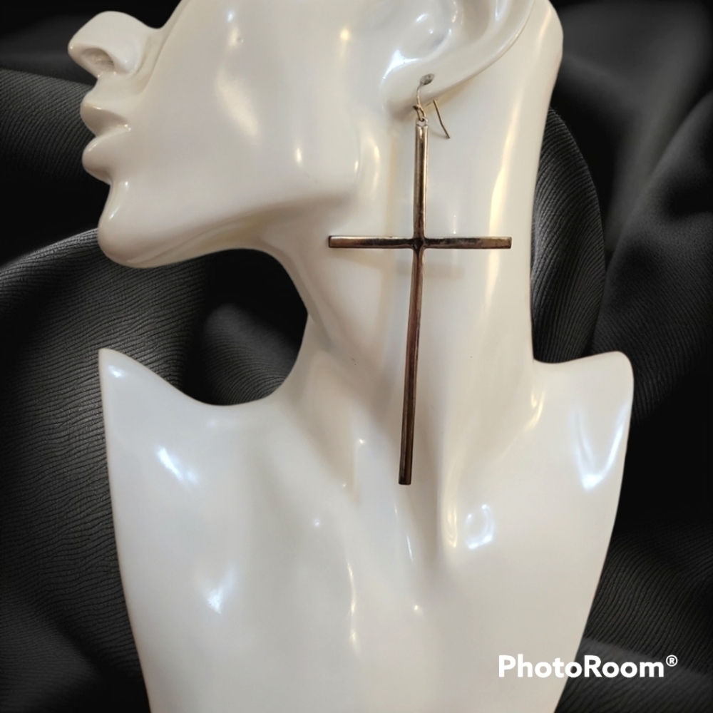 3/$30 Jumbo Silvertone Cross Dangle Hook Earrings